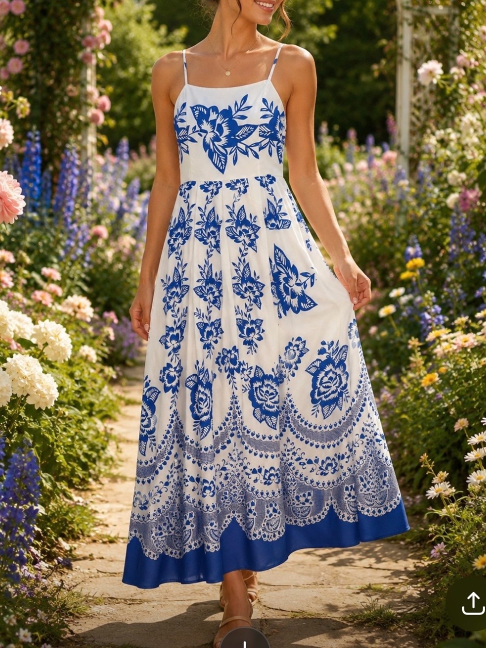 Blue & White Floral Maxi Sundress - Women's Spaghetti Strap Dress